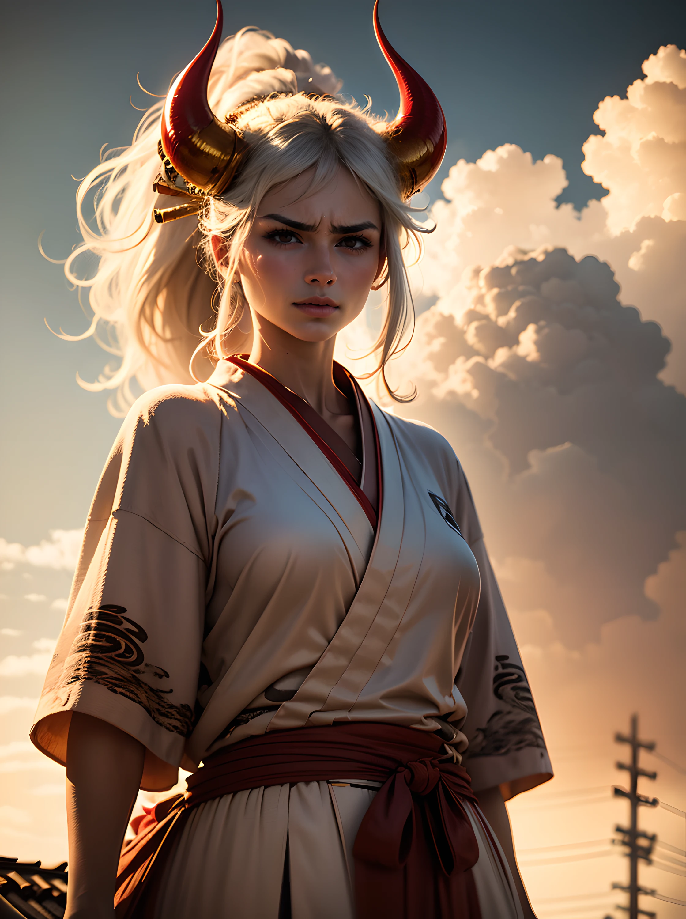 Femme avec des cornes rouges sur la tête, en costume japonais, debout au bord du toit, aux cheveux blancs, (Détails complexes:0.9), (hdr, Hyper-détaillant:1.2), (textures de peau naturelles, hyper réaliste, Lumière douce, pointu)