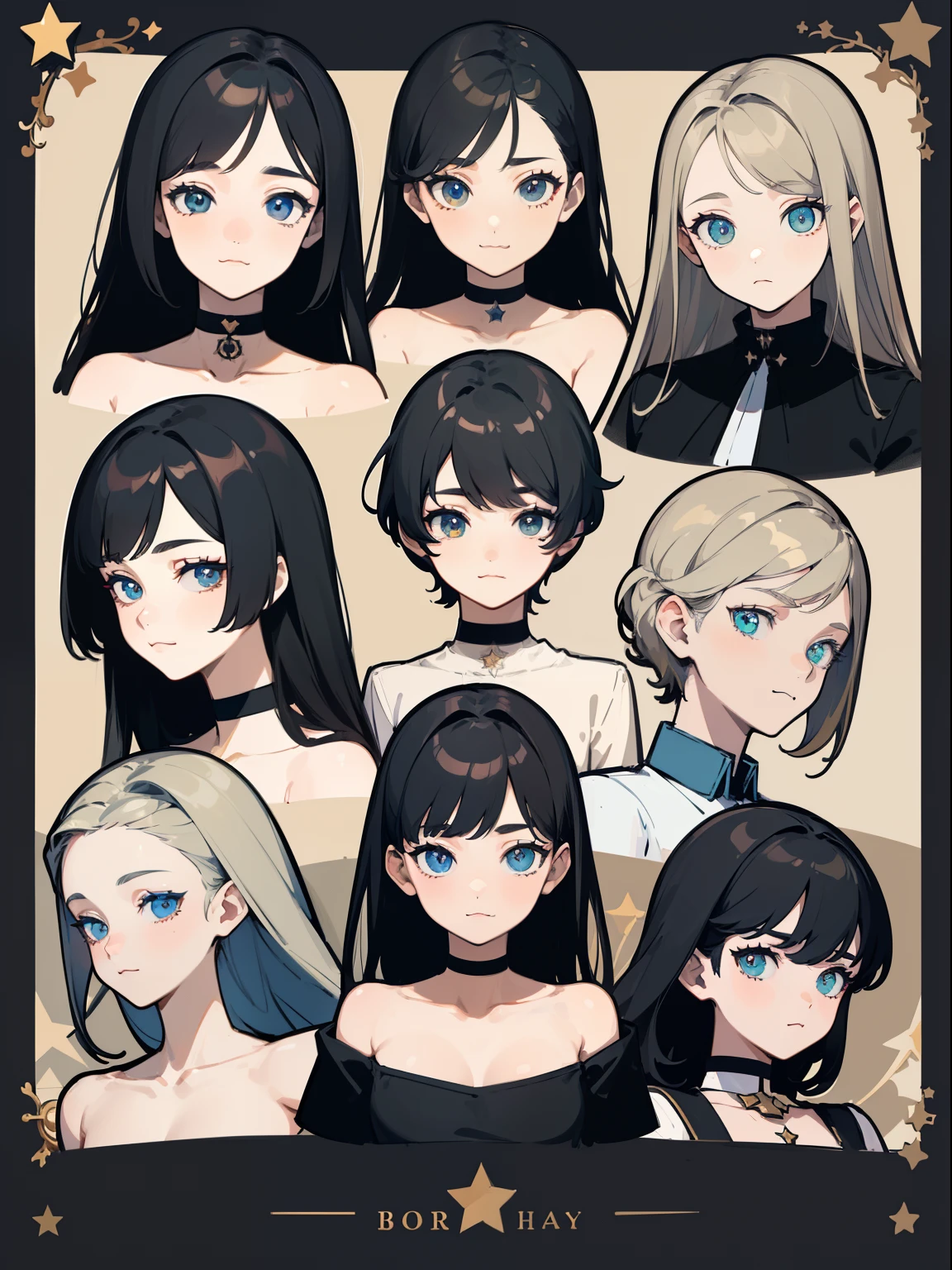 ((Masterpiece, Highest quality)), Detailed face, character sheets, full bodyesbian, Full of details, Multiple poses and expressions, Highly detailed, Depth, Many parts, 1boys , Children all over the body :3,  Black crop top， mitts, Stockings, Black choker, The eye, Star (symbol), pupils in symbol shapes