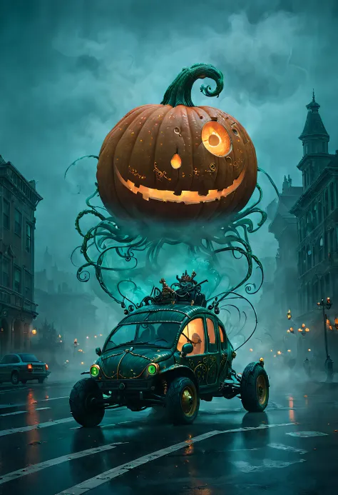 ssta, Enchanted Pumpkin Buggie casually cruising down a city roadway, beautifully adorned with intricate carvings and glowing fr...