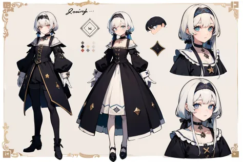 ((Masterpiece, Highest quality)), Detailed face, character sheets, full bodyesbian, Full of details, Multiple poses and expressions, Highly detailed, Depth, Many parts, 1boys , Children all over the body,white color hair，Black pick dye， mitts, Stockings, B...