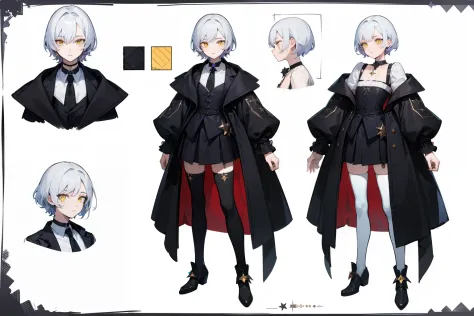 ((Masterpiece, Highest quality)), Detailed face, character sheets, full bodyesbian, Full of details, Multiple poses and expressions, Highly detailed, Depth, Many parts, 1boys , Children all over the body,White color hair，Black pick dye，Yellow eyes， mitts, ...