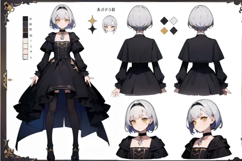 ((Masterpiece, Highest quality)), Detailed face, character sheets, full bodyesbian, Full of details, Multiple poses and expressions, Highly detailed, Depth, Many parts, 1boys , Children all over the body,White color hair，Black pick dye，Yellow eyes， mitts, ...