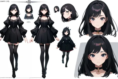 ((Masterpiece, Highest quality)), Detailed face, character sheets, full bodyesbian, Full of details, Multiple poses and expressions, Highly detailed, Depth, Many parts, 1boys , Children all over the body,Black color hair，Black eyes， mitts, Stockings, Black...