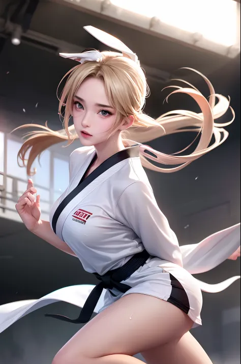 (Best Quality,8K,hight resolution,masuter piece:1.2),Ultra-detailed,Realistic:1.37,Portrait,Dynamic Angle,(Female karate athlete...