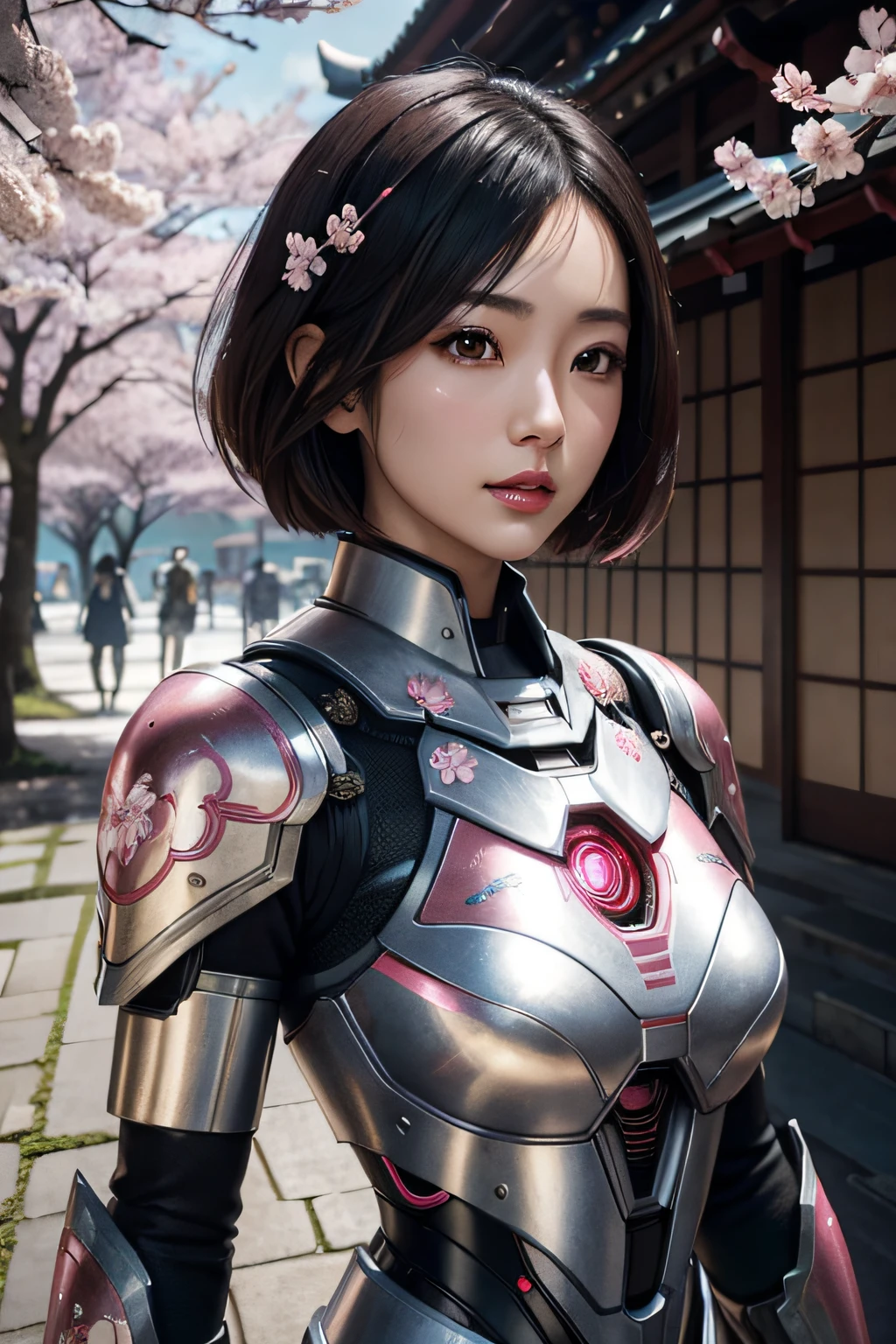 schöne junge Japanerin, Cyborg-Rüstung tragen, dicke symmetrische Merkmale, sehr kurze Haare, Hintergrund sind Kirschblüten, rosa Aura, rote Lippen, octane render,