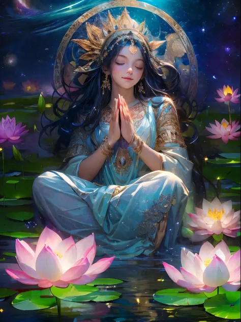 top-quality，tmasterpiece：1.2，Detailed details，Beautiful young goddess gently closed her eyes，gently smiling. She is doing prayer...