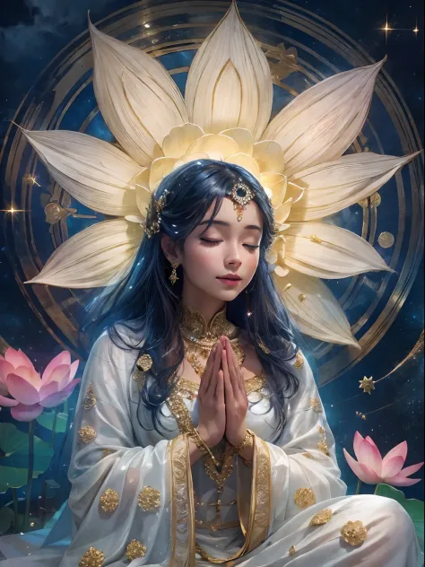 top-quality，tmasterpiece：1.2，Detailed details，Beautiful young goddess gently closed her eyes，gently smiling. She is doing prayer...