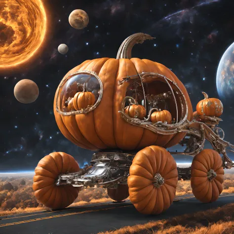 pumpkin carriage、pumpkin carriage in a sci-fi world、spaceship in the shape of a pumpkin carriage、pumpkin carriage moving through...