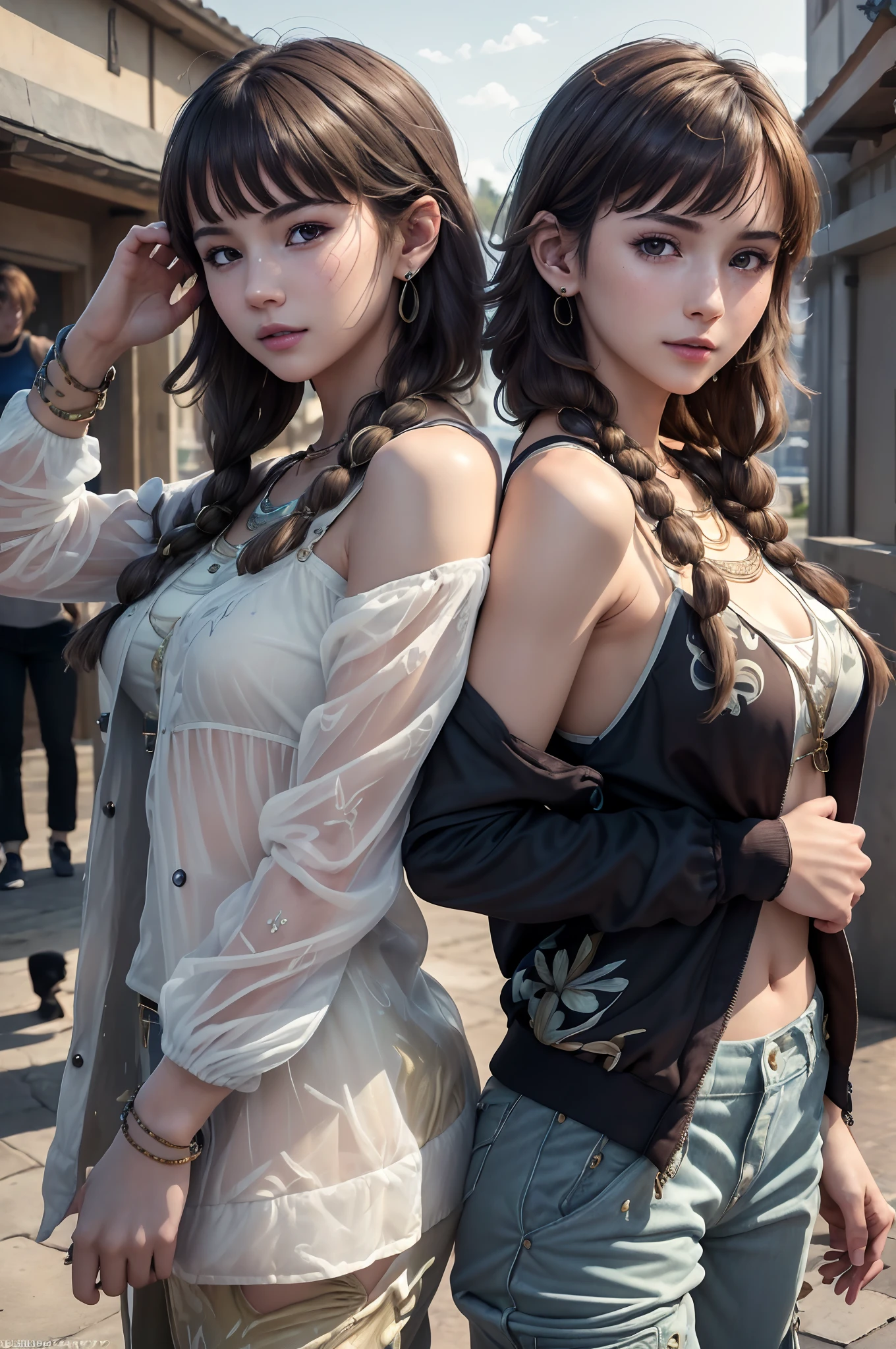 (Masterpiece, Best quality), (photograph realistic), (intricately details, Detailed face), hdr, 2girls,duo,leering:1.4,Dynamic pose, Beautiful girl
Front view, Look at the camera,
Light smile,
Variety of hairstyles,
(Variety of styles Jacket print, Variety of styles Home, A wide variety of pants),
Various earrings,
Various necklaces,
Various bracelets,