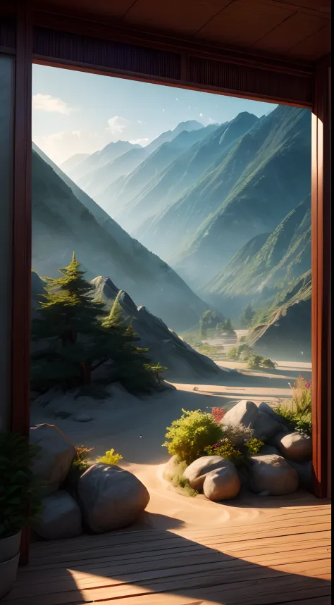 sandbox：1.4），Movie Angle，（suns，baiyun，mountain ranges，ln the forest，rios），（paper art，Quilted paper art，geomerty），（plethora of colors，Best quality，high detal，tmasterpiece，Cinematic lighting effects，4K，Chiaroscuro）