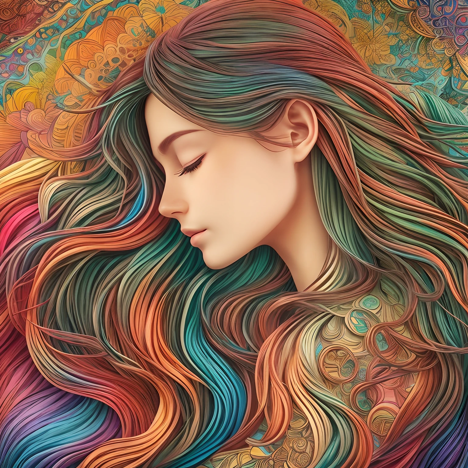 Uma menina bonita com um perfil lateral, Cabelo longo e esvoaçante, e olhos fechados. Ela é retratada como uma obra-prima da arte. O fundo é preenchido com cores vibrantes do arco-íris. A ilustração é renderizada em um estilo papercraft com detalhes intrincados, Assemelhando-se a um padrão Zentangle. A arte é criada usando técnicas de renderização 3D. A qualidade da imagem é do mais alto padrão, com detalhes ultrafinos e recursos realistas. A iluminação cria um efeito cinematográfico, com um equilíbrio perfeito de luz e sombras. A resolução da obra de arte é 4K, garantindo que cada detalhe seja capturado em alta definição.