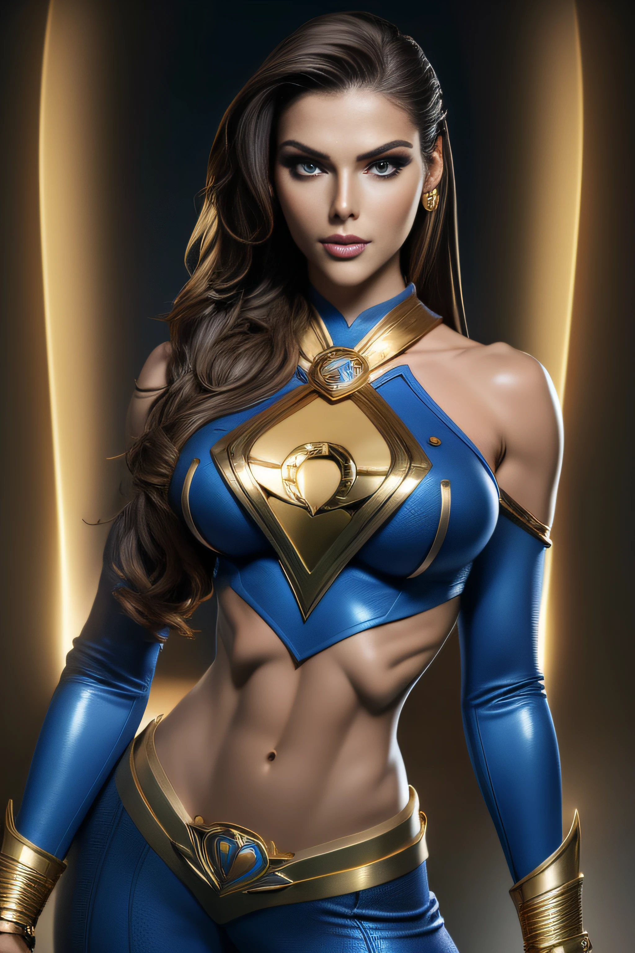 A woman in a blue and gold costume posing for a photo - SeaArt AI