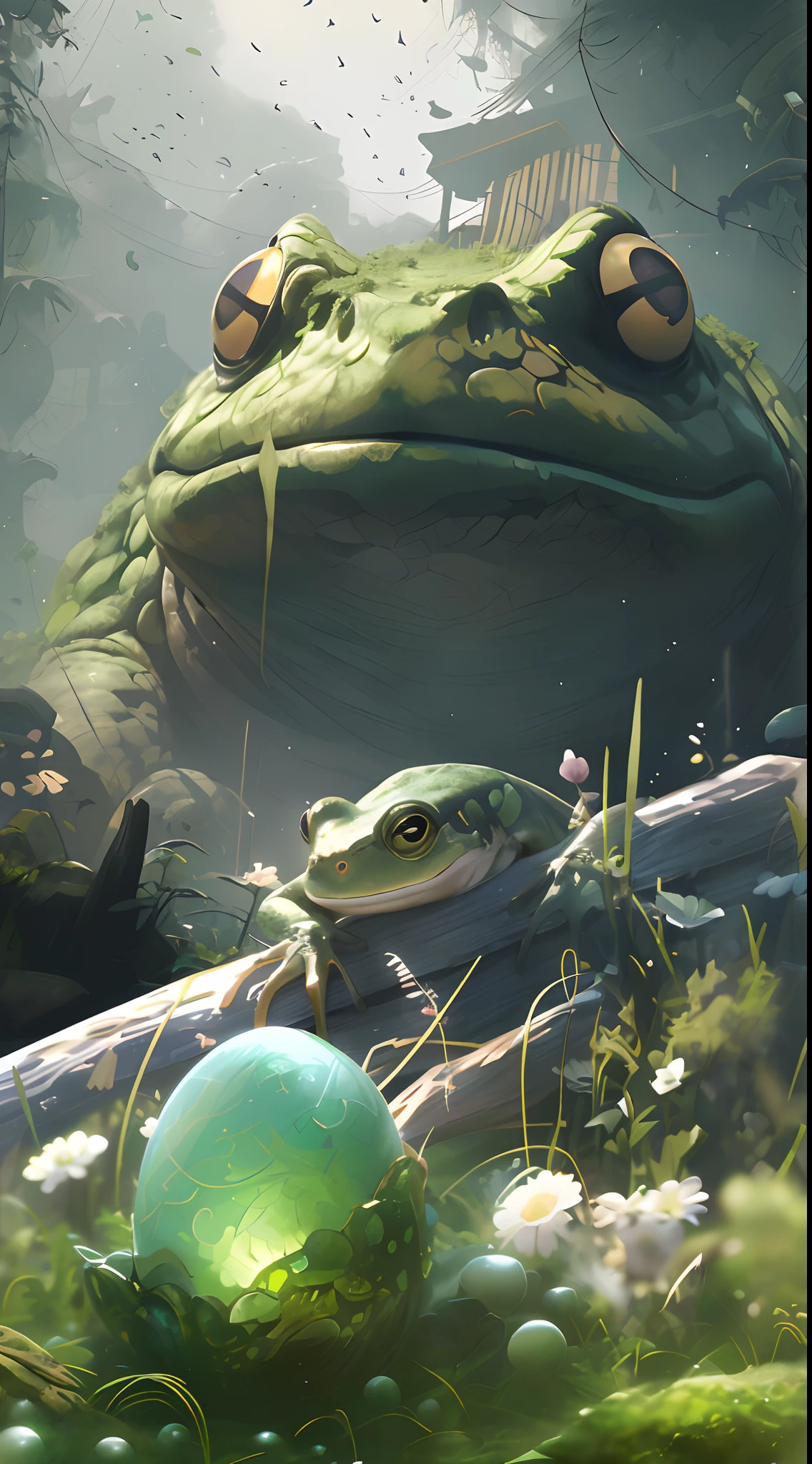 There is a frog sitting next to a green ball, highly realistic concept art, wlop and andrei riabovitchev, art by Wlop and Greg Rutkowski, Concept art wallpaper 4K, wlop and ross thran, frog perspective, Relaxing concept art, award winning concept art, WLOP and Greg Rutkowski, wlop and ross thran