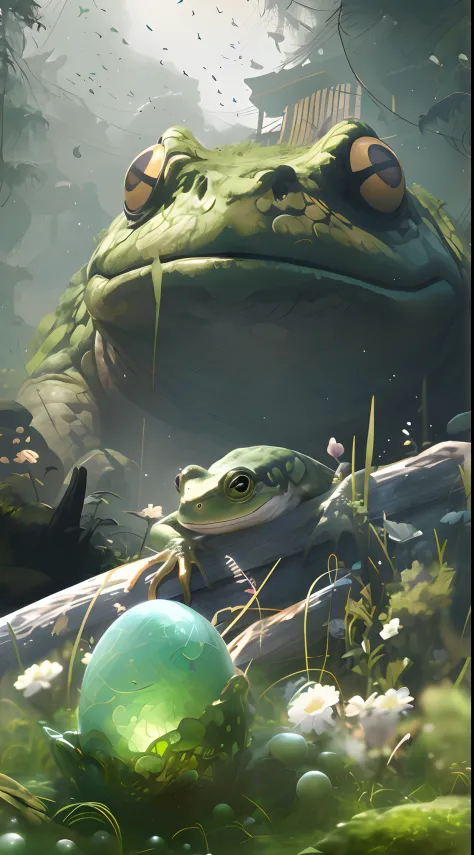 There is a frog sitting next to a green ball, highly realistic concept art, wlop and andrei riabovitchev, art by Wlop and Greg R...