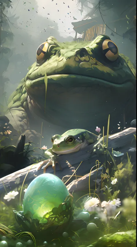 There is a frog sitting next to a green ball, highly realistic concept art, wlop and andrei riabovitchev, art by Wlop and Greg R...