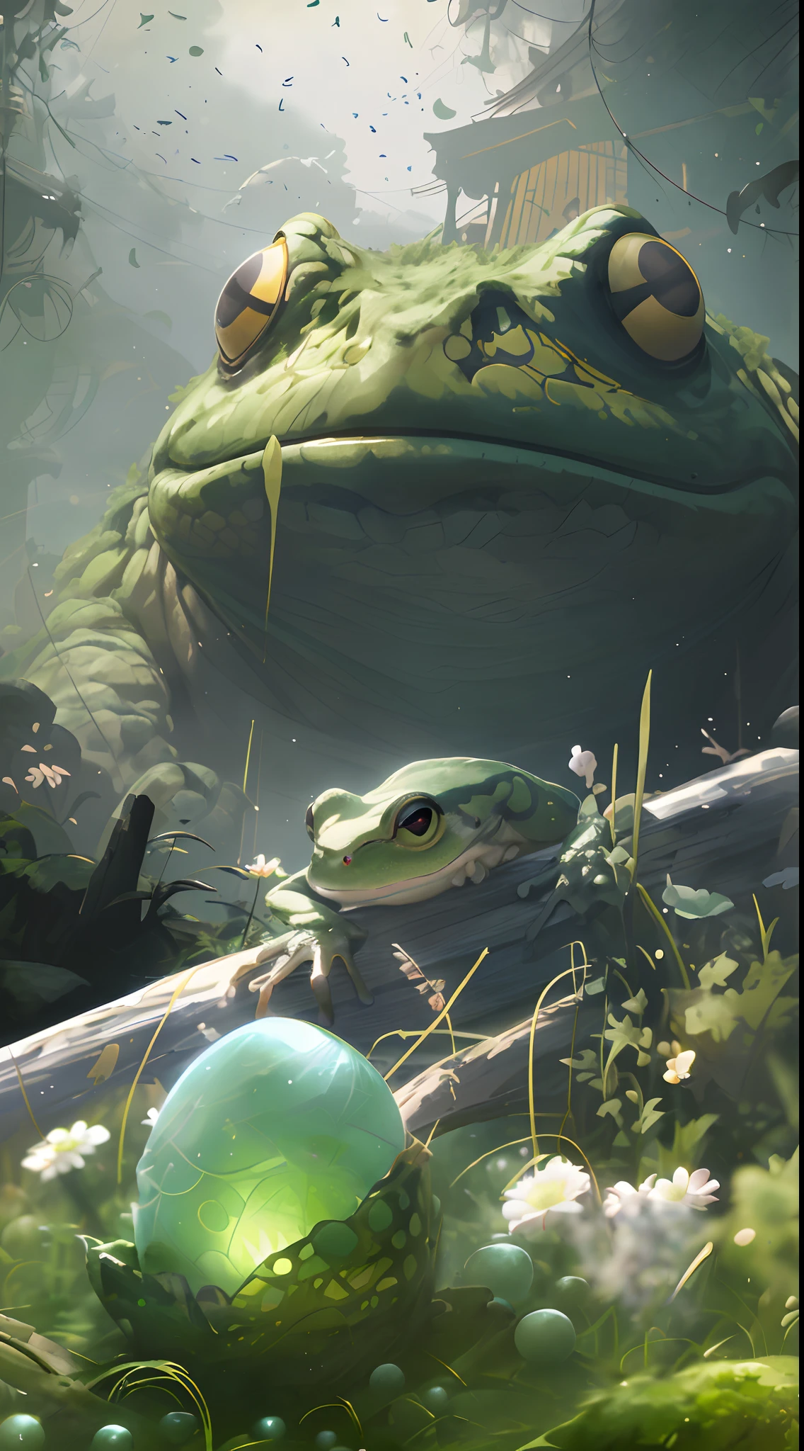 There is a frog sitting next to a green ball, highly realistic concept art, wlop and andrei riabovitchev, art by Wlop and Greg Rutkowski, Concept art wallpaper 4K, wlop and ross thran, frog perspective, Relaxing concept art, award winning concept art, WLOP and Greg Rutkowski, wlop and ross thran