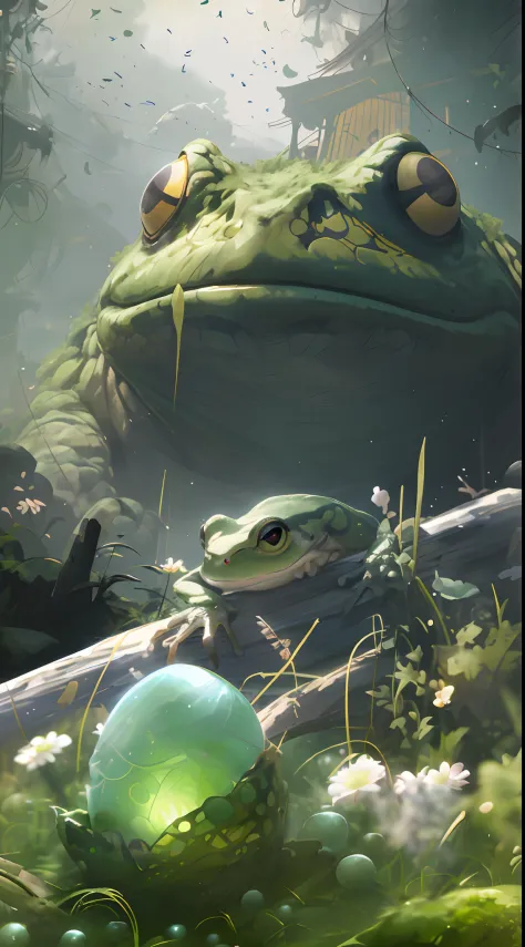 There is a frog sitting next to a green ball, highly realistic concept art, wlop and andrei riabovitchev, art by Wlop and Greg R...