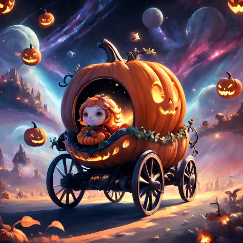 Pumpkin carriage、Pumpkin carriage in a sci-fi world、Spaceship in the shape of a pumpkin carriage、Pumpkin carriage moving through space、cosmic space、Warp Navigation、long exposure time、