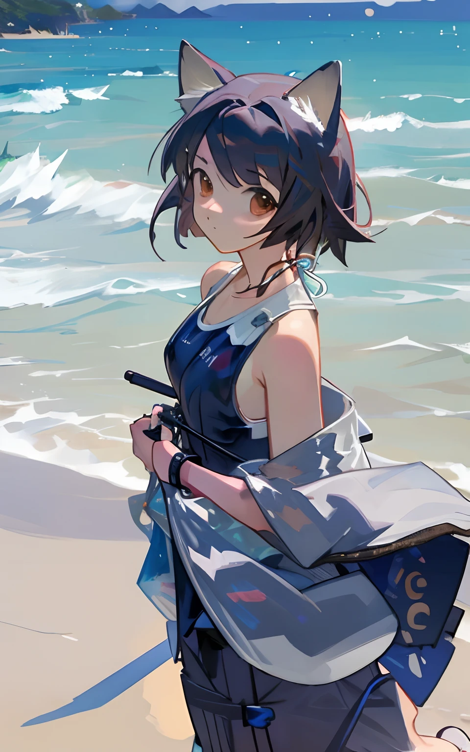 1girll, Solo,Saga,(((swimsuit))),underwear, Seaside, Ocean,Dog ears, Bare shoulders,