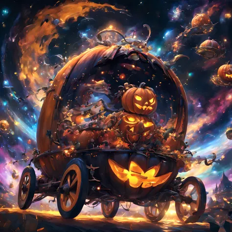 pumpkin carriage、pumpkin carriage in a sci-fi world、spaceship in the shape of a pumpkin carriage、pumpkin carriage moving through...