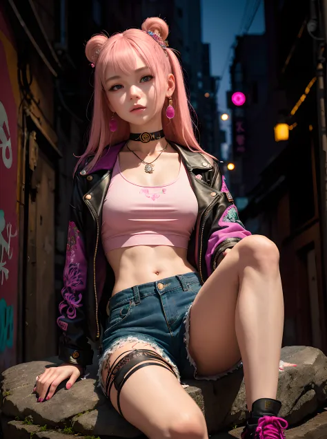 (Masterpiece, Best Quality, 1girl, 独奏, intricate details, chromatic aberration), Realistic, ((Middle Breath)),hairlong, pink hair, Decoration on a red head, Pink highlights, hair above one eye,violet eyes, earings, sharp eyes, Choker, neon shirt, open jack...