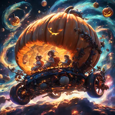 Pumpkin carriage、Pumpkin carriage in a sci-fi world、Spaceship in the shape of a pumpkin carriage、Pumpkin carriage moving through...