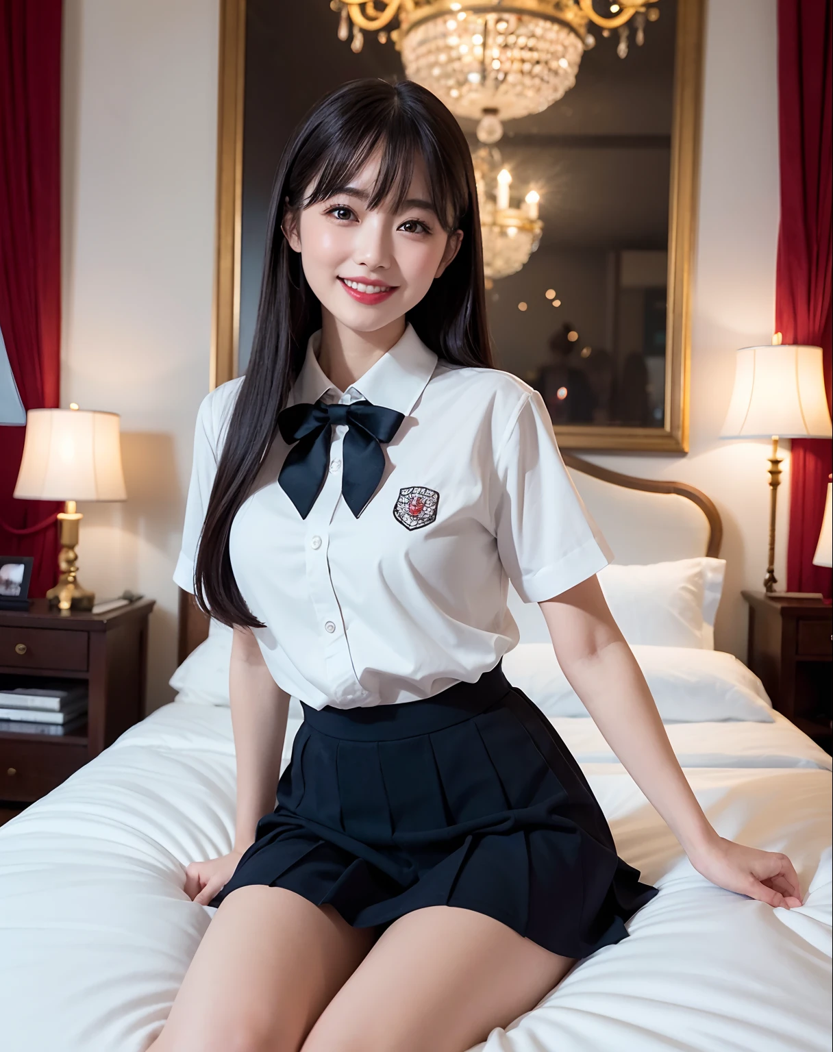 (Phenomenally cute schoolgirl、Japan Girl Uniform、Wearing Japan 、a hyperrealistic schoolgirl、Dressed as a schoolgirl、a hyperrealistic 、Realistic Schoolgirl、Girl in Uniform、Woman in Japan in dark blue short skirt and shirt and bow tie Goddess of Japan, Sexy Girl, Chest that looks like it's going to burst, Phenomenal cuteness)、(((Expensive VIP room in a gorgeous royal family,Princess Room,The most gorgeous room,White and gold room,White and gold background,White marble, Sit on a plush bed,Sit on a plush bed,Huge bed luxurious royal bedroom complete interior,Luxuriously furnished beds,Large room,Detailed chandelier,Luxury beyond imagination,Inside the Royal Palace, Room decorated with many ornaments, ornate decorations,Dazzling light, gorgeous decoration、Embroidered crimson velvet,Beautiful canopy、very elegant,High ceiling with crystal chandeliers suspended)))、((See the perfect camera here,Big smile,Clean teeth,perfect teeth,White teeth,finerly detailed face,Perfect fingers,Perfect hands,Accurate 5 fingers)), Pose、full body Esbian、View here,Center view、、Bold poses、Inviting eyes、Open crotch、panty visible、Nice skin、glistning skin、lovely thighs、glowing thigh、shining legs、bare-legged , High School in Japan 、Nogizaka Idol、Eyes that invite the highest quality，tmasterpiece，hight resolution，1girll，Beautiful expression，Red High Gloss Lipstick，Physical，dingdall effect，realisticlying，Dark Studio，edge lit，two tone lighting，（highdetailskin：1.2），8k Ultra HD， Digital SLR, softlighting, hightquality, volumettic light, Sneak Shots, photore, hight resolution