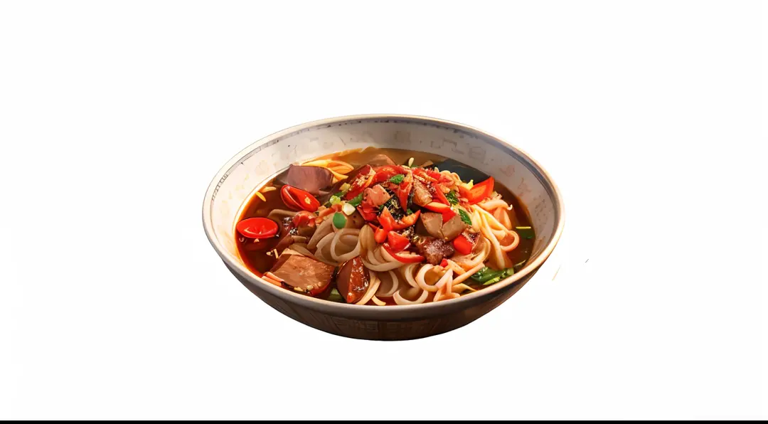 There was a bowl of noodles，There is meat and vegetables inside, sichuan, delicacy, Noodles, aokamei, in style of pan ren wei, inspired by Wang Mian, high quality food photography,  author：Li Zai, nanquan, realistic photo of delicious pho, ruanjia