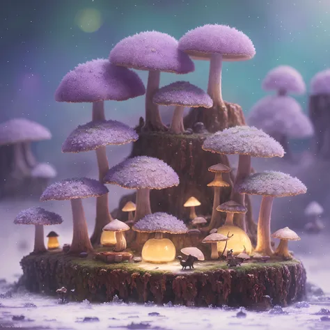 a cozy vintage little cute fungus oil painting, on the icy planet, in a，llight rays，edge light lavender haze, octane rendering o...