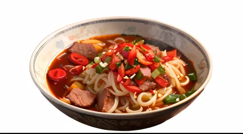 Araki bowl noodles with meat and vegetables，coriander，Serve with red sauce, sichuan, in style of pan ren wei, aokamei, delicacy, daoshu, inspired by Wang Mian, detailled image, Ramen, style of guo hua, hua cheng