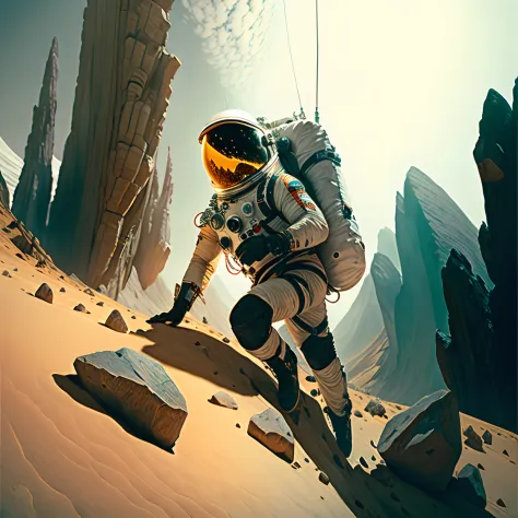 The astronaut, climbing the asteroid