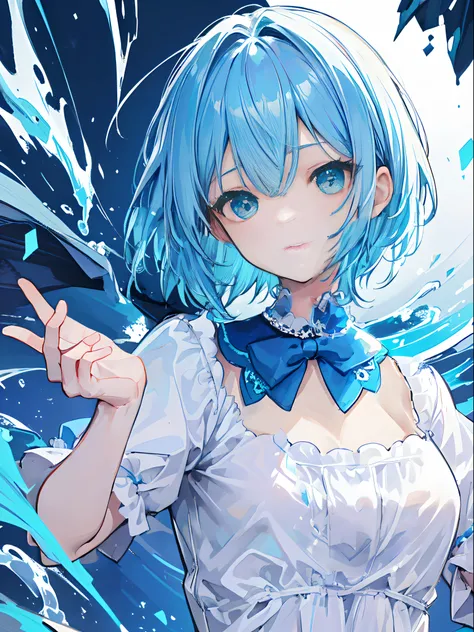 A close up of a anime girl with blue hair and a white top - SeaArt AI