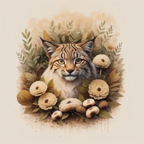 There's a lynx in a pile of leaves and mushrooms, lince caprichoso,Ethereal Lynx, por Jeka Kemp, Beautiful autumn spirit, autumn...