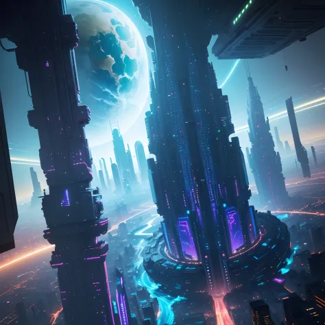 (best quality,4k,8k,highres,masterpiece:1.2),space city,cyberpunk,futuristic city,extraterrestrial, floating in space, skyscrapers, space station, 24th century, utopia, dream, fantasy, romantic, beautiful city, cyberpunk and fantasy merged future city, dre...