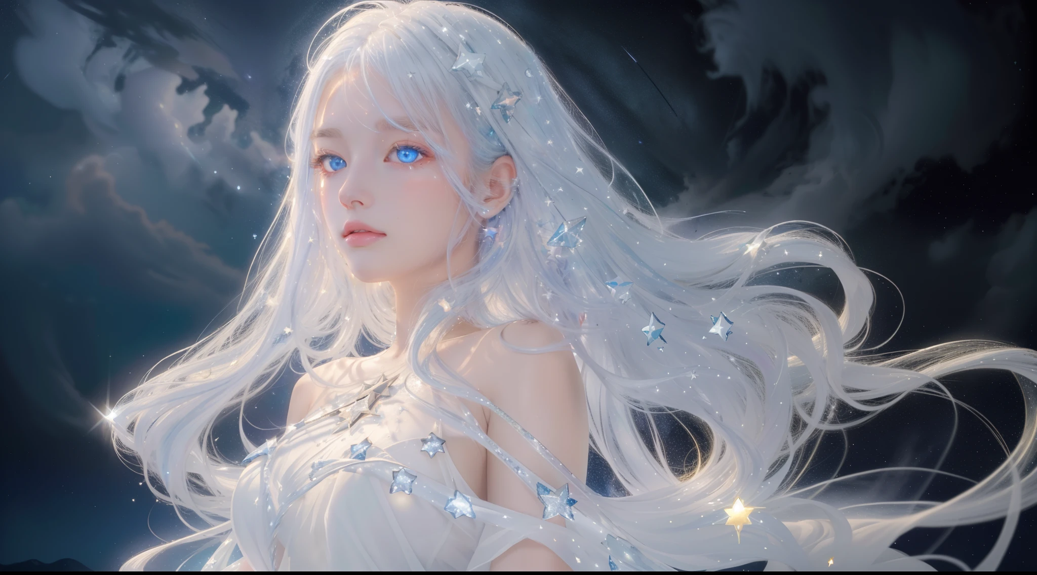 Masterpiece, Best quality,A high resolution, 1girll, Long_White_Hair, Stars in Eyes, See_Through, (((shimmering dazzling lighting))), (luminous), detailed shadow, meteors, stars, milky ways, Starcloud, Star in white dress, Messy floating hair, Colored inner hair, Starry sky adorns hair, Chiffon, rip, stars, White theme