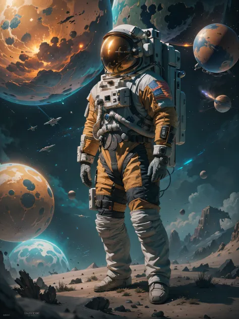 astronaut in space suit standing in front of a planet with planets, Beautiful sci-fi art, sci-fi space game art, sci fi art, sci...