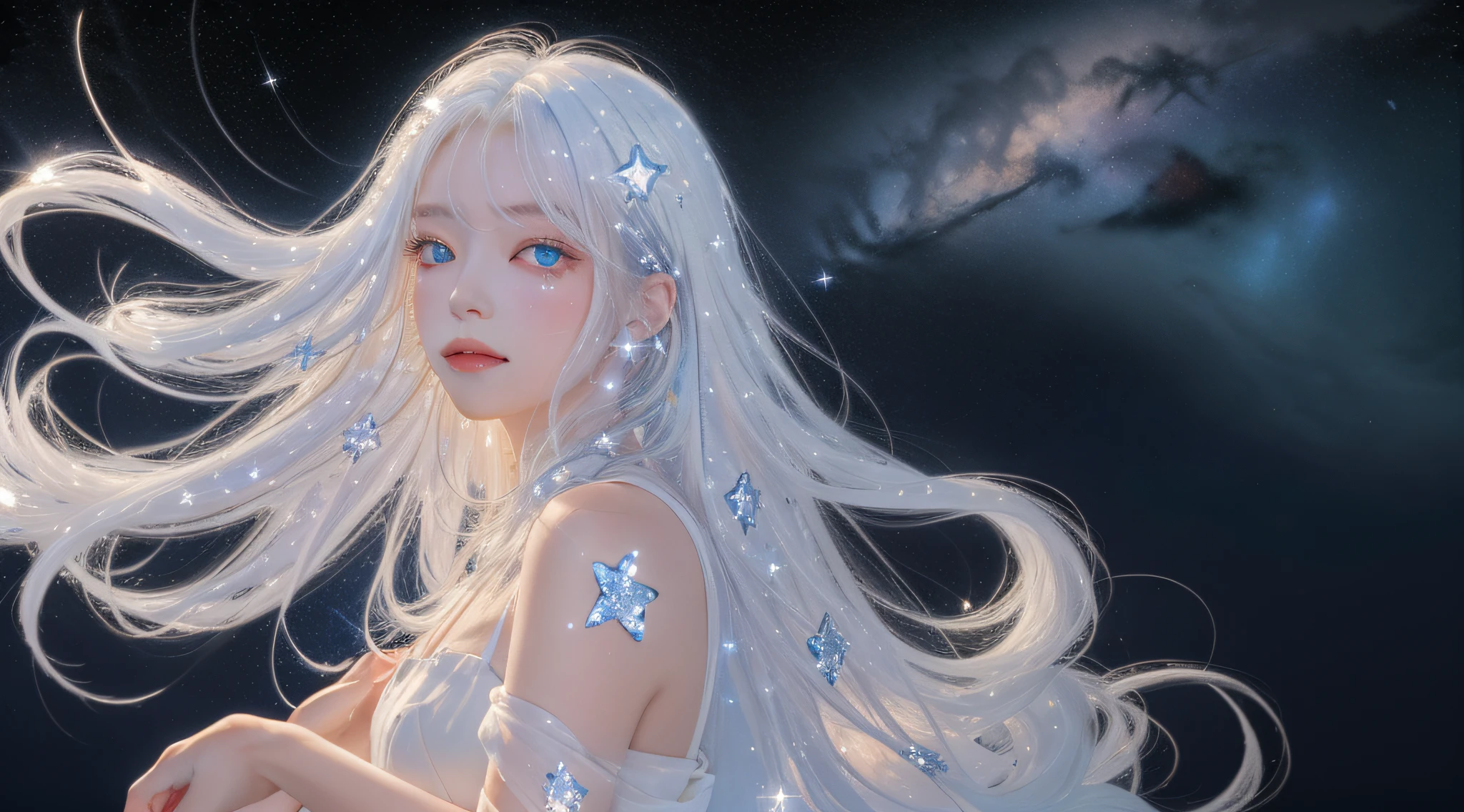Masterpiece, Best quality,A high resolution, 1girll, Long_White_Hair, Stars in Eyes, See_Through, (((shimmering dazzling lighting))), (luminous), detailed shadow, meteors, stars, milky ways, Starcloud, Star in white dress, Messy floating hair, Colored inner hair, Starry sky adorns hair, Chiffon, Tulles, Stars, White theme