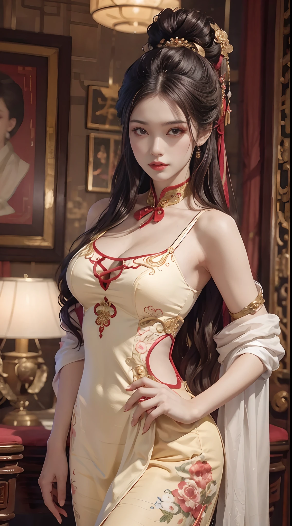（From the outside） ， many colors，best qualtiy，8K，Real Photos，Delicate skin details，tmasterpiece，photos realistic，intricate-detail，RAW photogr，court，Gorgeous cheongsam，extra long hair，cropped shoulders，delicated face，Expose cleavage，ornamented，Perfect Finger，Dissection is correct，(Large room，0.8)，shiny skins，Arms on hips