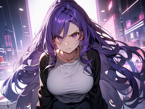 A woman who is，Long curly purple hair，Very angry，Drop something，Wear a sweatshirt skirt，on bedroom，A half body，中景 the scene is，8...