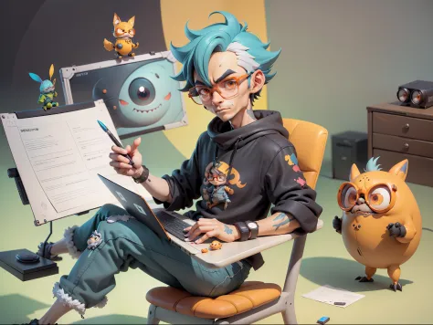 a handsome young man with black-framed glasses sits at his desk，holding laptop，digitial painting，3d character design by mark cla...