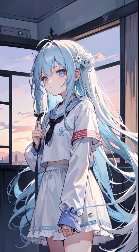 Light blue jagged long hair，The hair curtain is long，The hair curtain covers one eye，Hair slightly upturned，Gray eye，The eyes are shining，Girls of medium stature，There is a flower on the head，Sunset in the empty countryside，Holding a lit fireworks stick in...