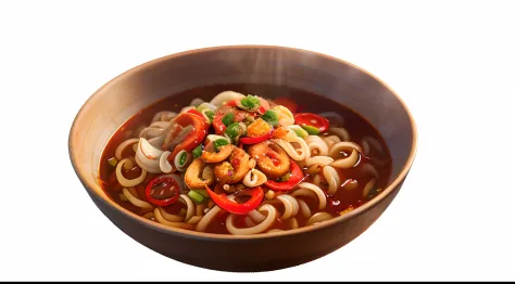 There was a bowl of noodles，There is meat and vegetables inside,Chili rings， sichuan, Realistic photos of delicious noodles, inspired by Wang Mian, inspired by Tan Ting-pho, delicacy, in style of pan ren wei, aokamei, detailled image, inspired by Liu Haisu...