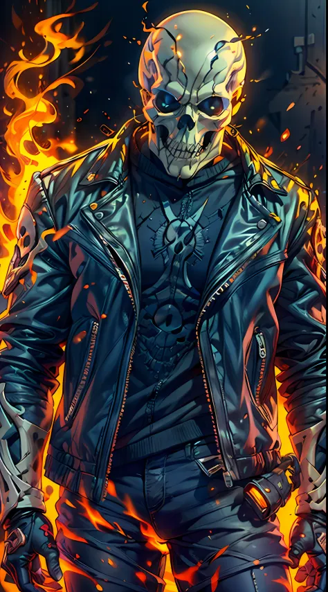 (RAW Photo, Best Quality), (Realistic, Photorealistic Photo: 1.3), Best Quality, Highly Detailed, Masterpiece, Ultra Detailed, Illustration, ghost rider, burning skull, black jacket, black jeans, black shoes, epic background, standing like ghost rider, upp...