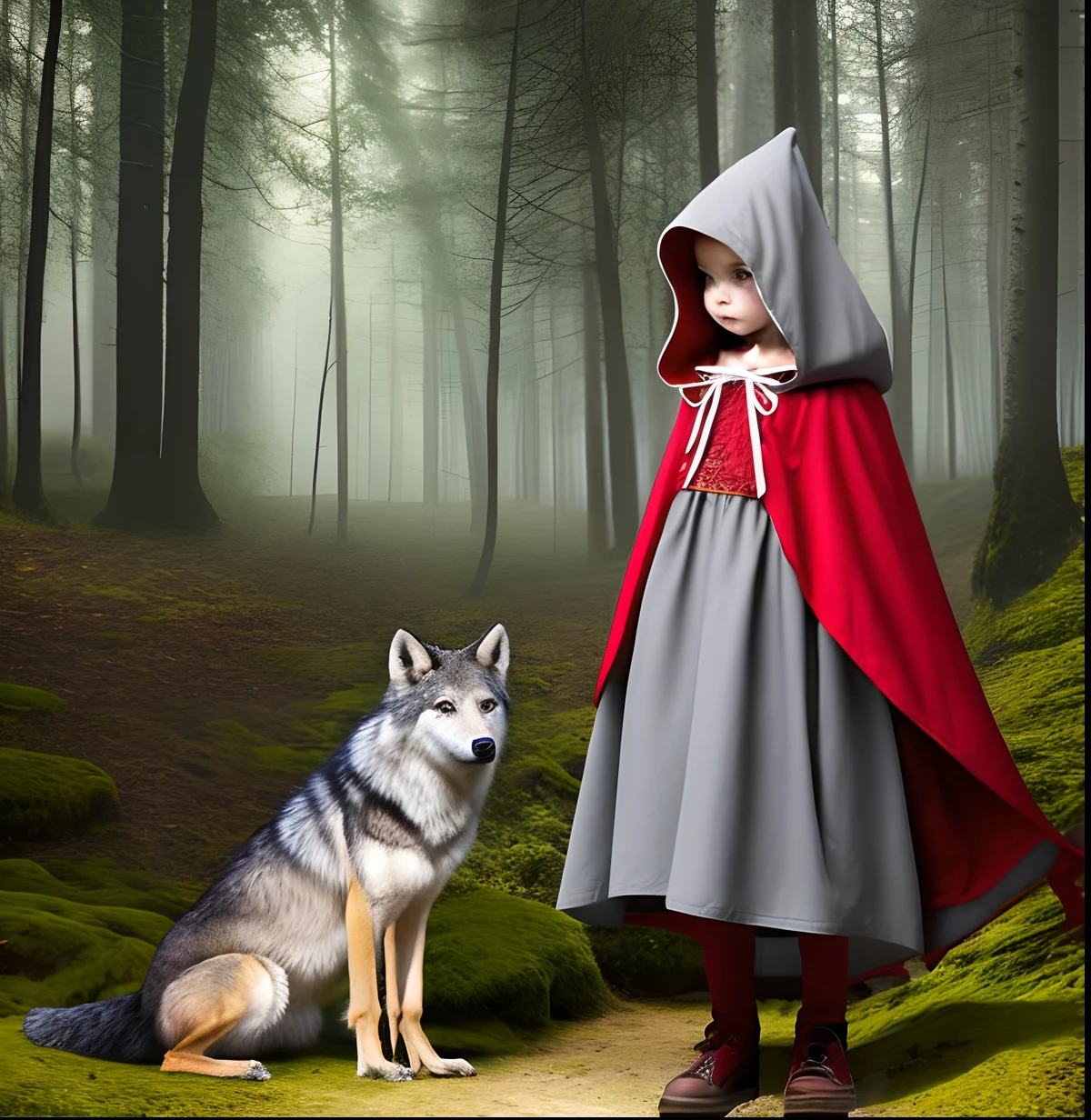 Arafed image of a little girl in a red cape and a wolf - SeaArt AI