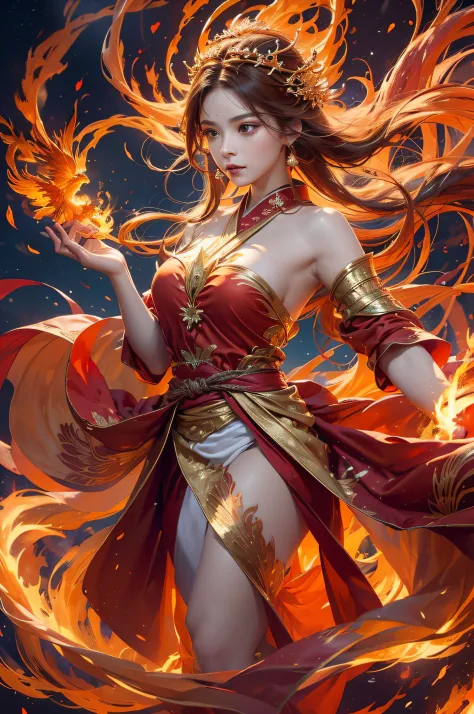 Masterpiece, 8K Ultra HD, Ethereal Glow: Amidst the serene backdrop of ethereal flames, stands a graceful fire goddess, her form...