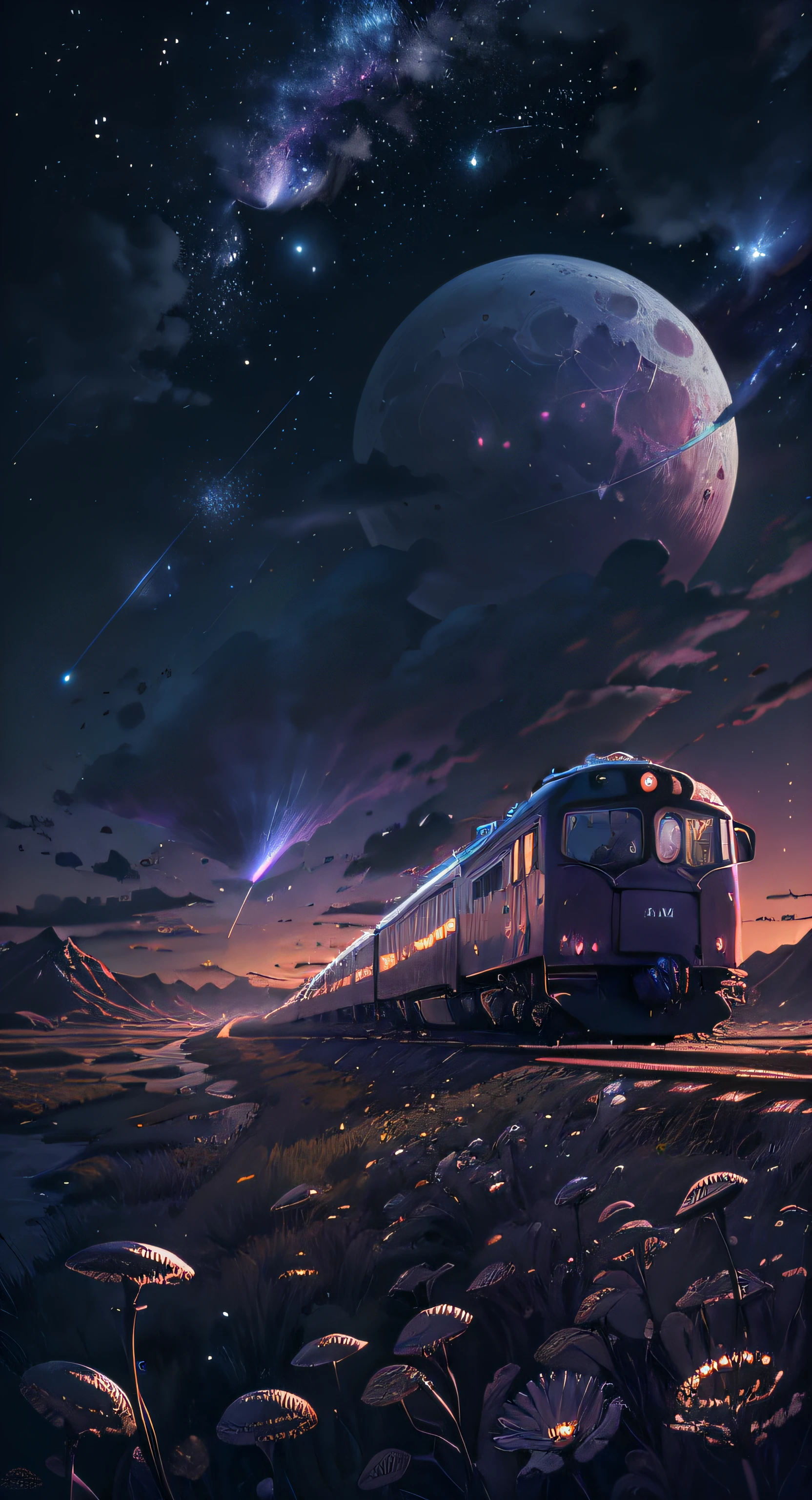 (Absurdres, Cinematic, UHD, higher, ultra detailed, ultra detailed), dark purple sky, nebula in the sky, 5 lattern in the sky, big moon in the sky, flying train, shooting star, dandelion field, mountain, boy looking at the sky, oil painting, detailed dandelion field, detailed flying train, detailed sky,  sunset