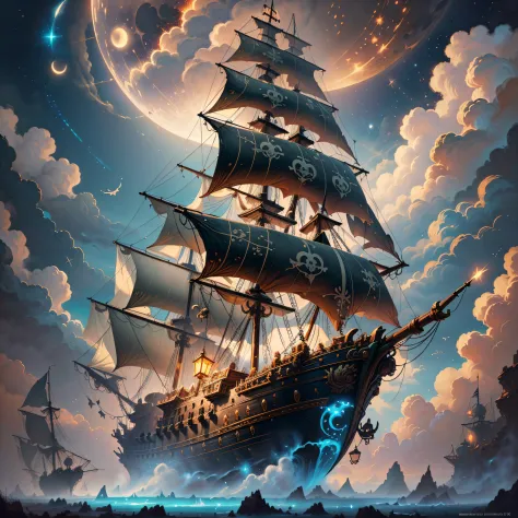 A painting of a flying pirate ship surrounded by small fairies, clouds, moon, stars in the background, fantasy, highly detailed ...