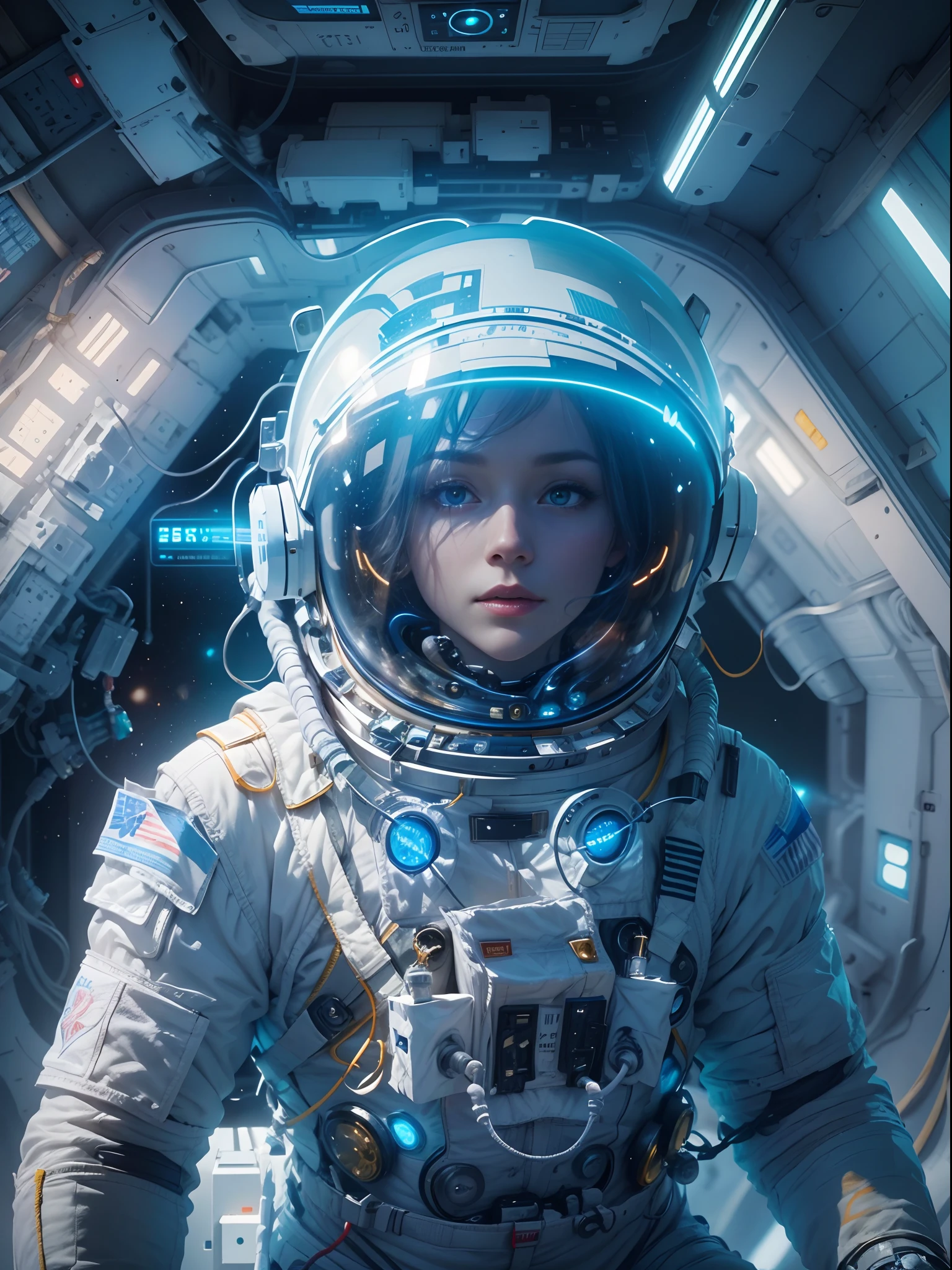 （Beautiful space astronaut，half-body portrait:1.2。blue colored eyes ...