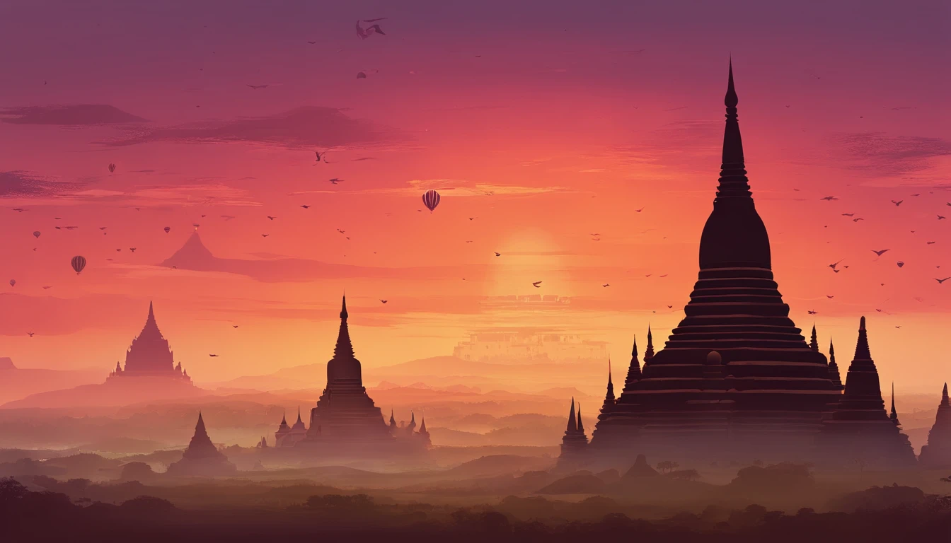 Bagan pagodas of Burma at sunset, best composition, masterpiece art work, long view,