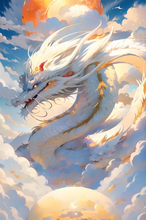 White Dragon，on clouds，Fire and sun on background